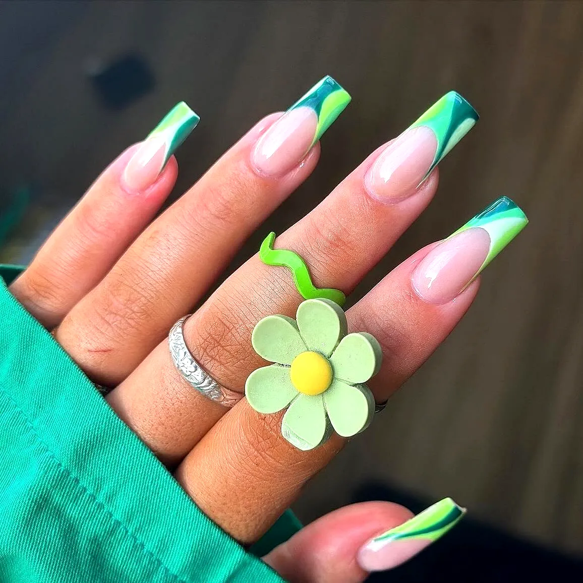 Cute Long Square Swirl Nail Designs with Green and White Gradient and Nature-Inspired Accents