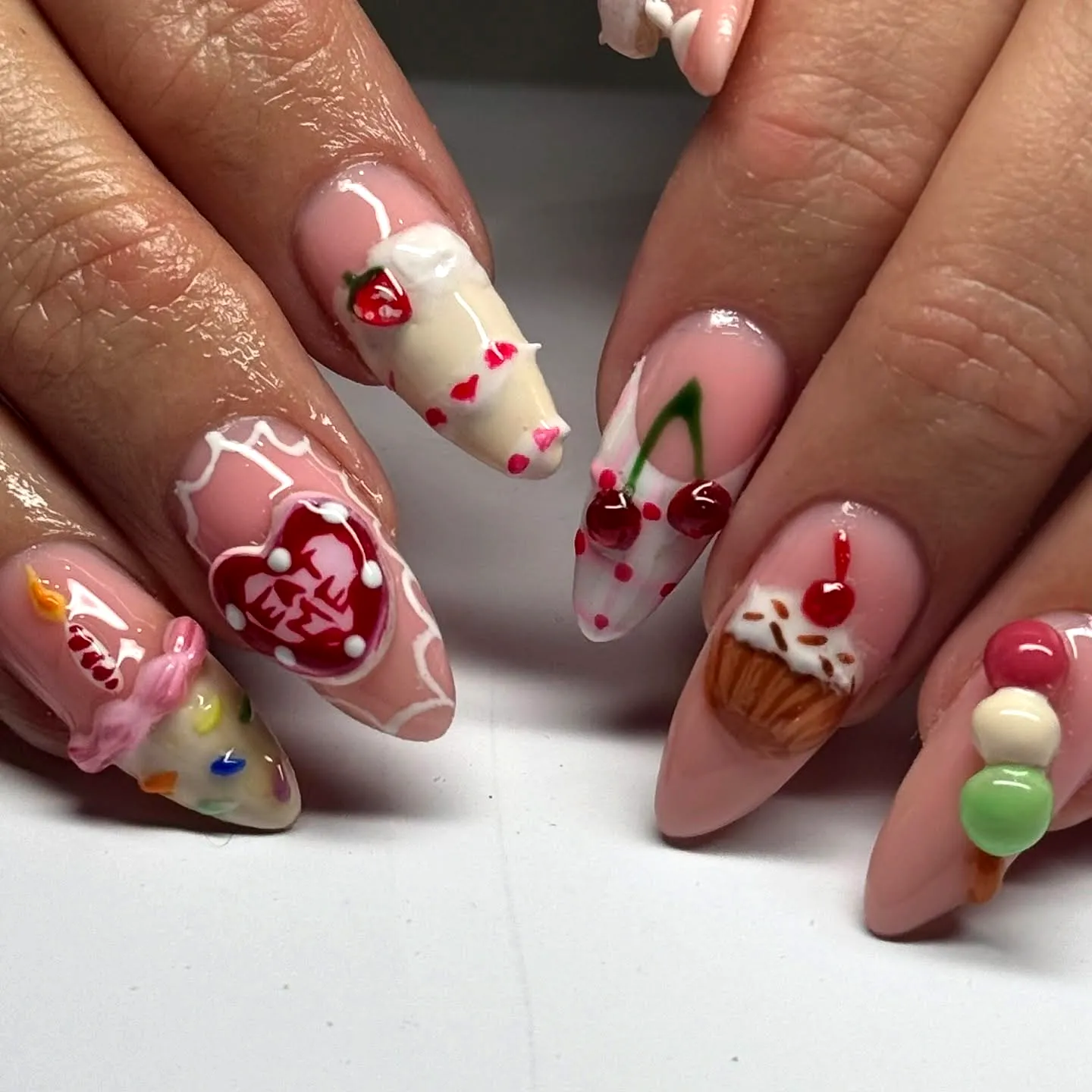 Cute Pink Birthday Cake Nails with Whimsical Ice Cream and Cupcake Art in Coffin Shape