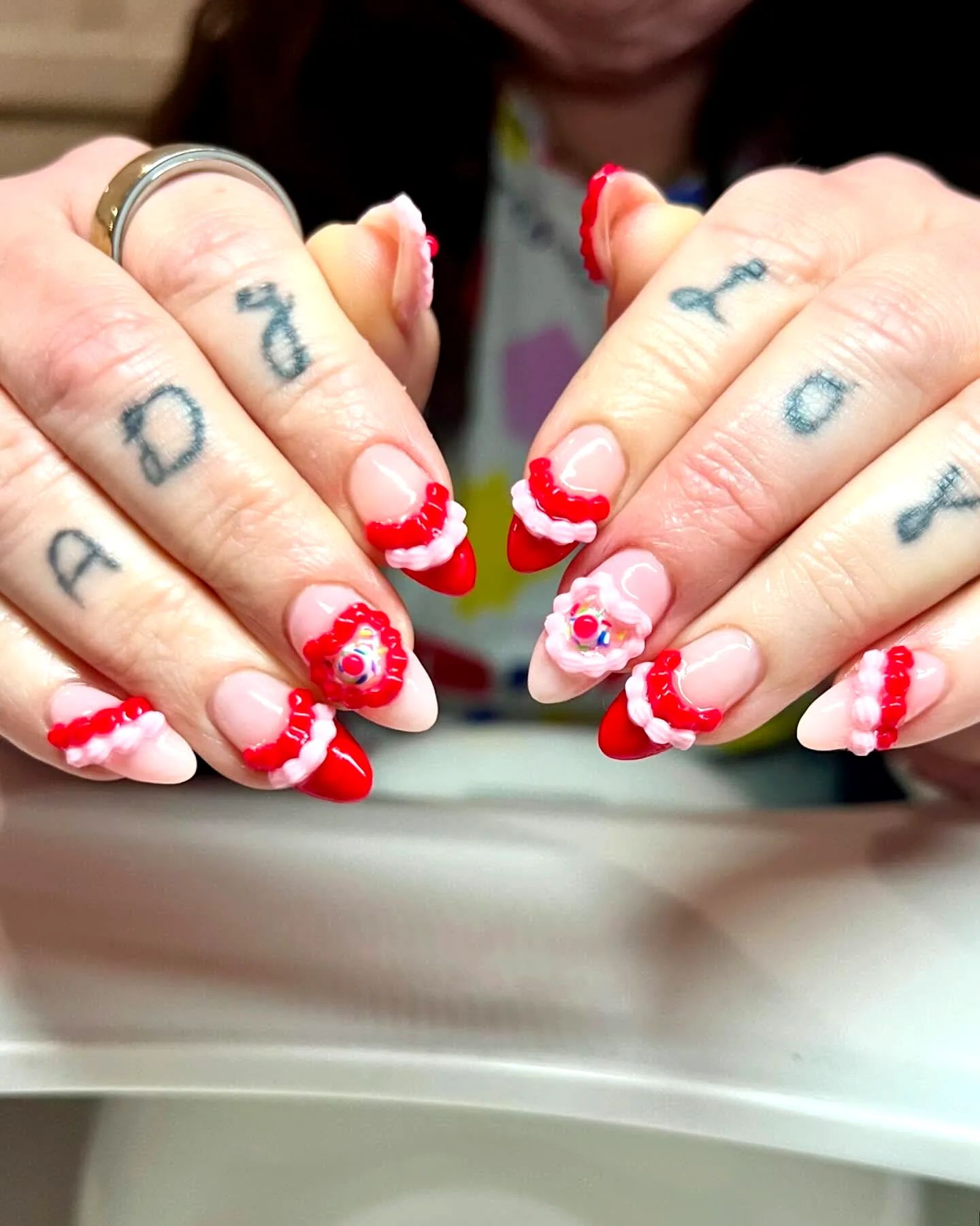 Cute Pointed Stiletto Birthday Cake Nails with Red and Light Pink Colors and 3D Flower Embellishments