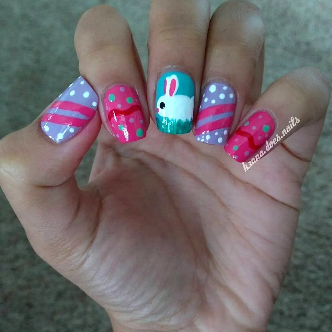 Cute square Easter nail designs with pastel lilac pink bunny polka dots and stripes