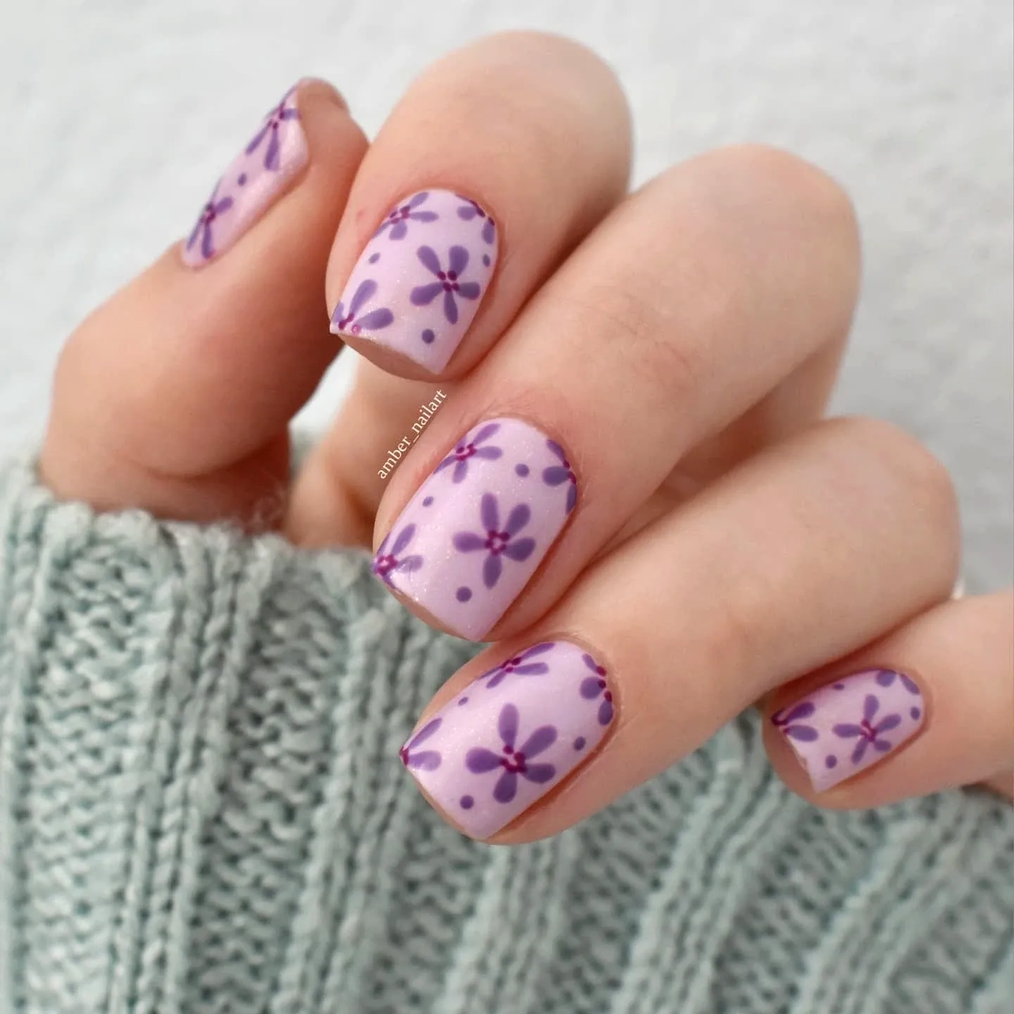 Cute Square Lavender Flower Nails with Delicate Floral Art for a Playful Spring Look