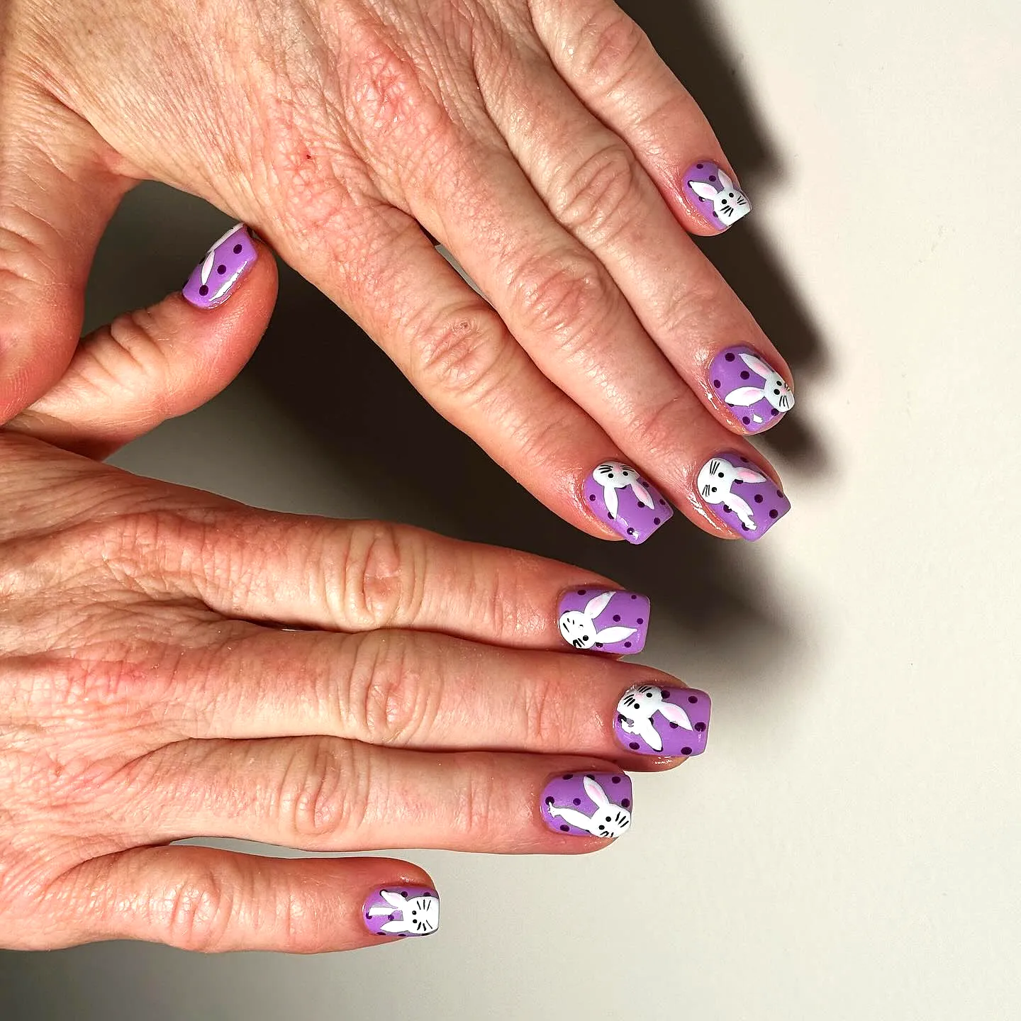 Cute Square Purple and White Easter Nail Designs with Bunny Silhouettes Polka Dots and Floral Patterns