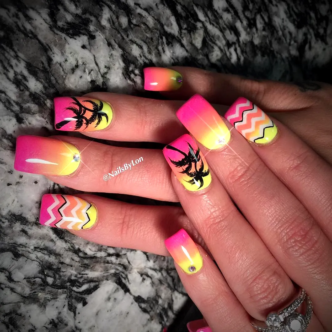 Cute square-shaped Chevron nail designs with vibrant pink and yellow gradient and palm tree silhouettes
