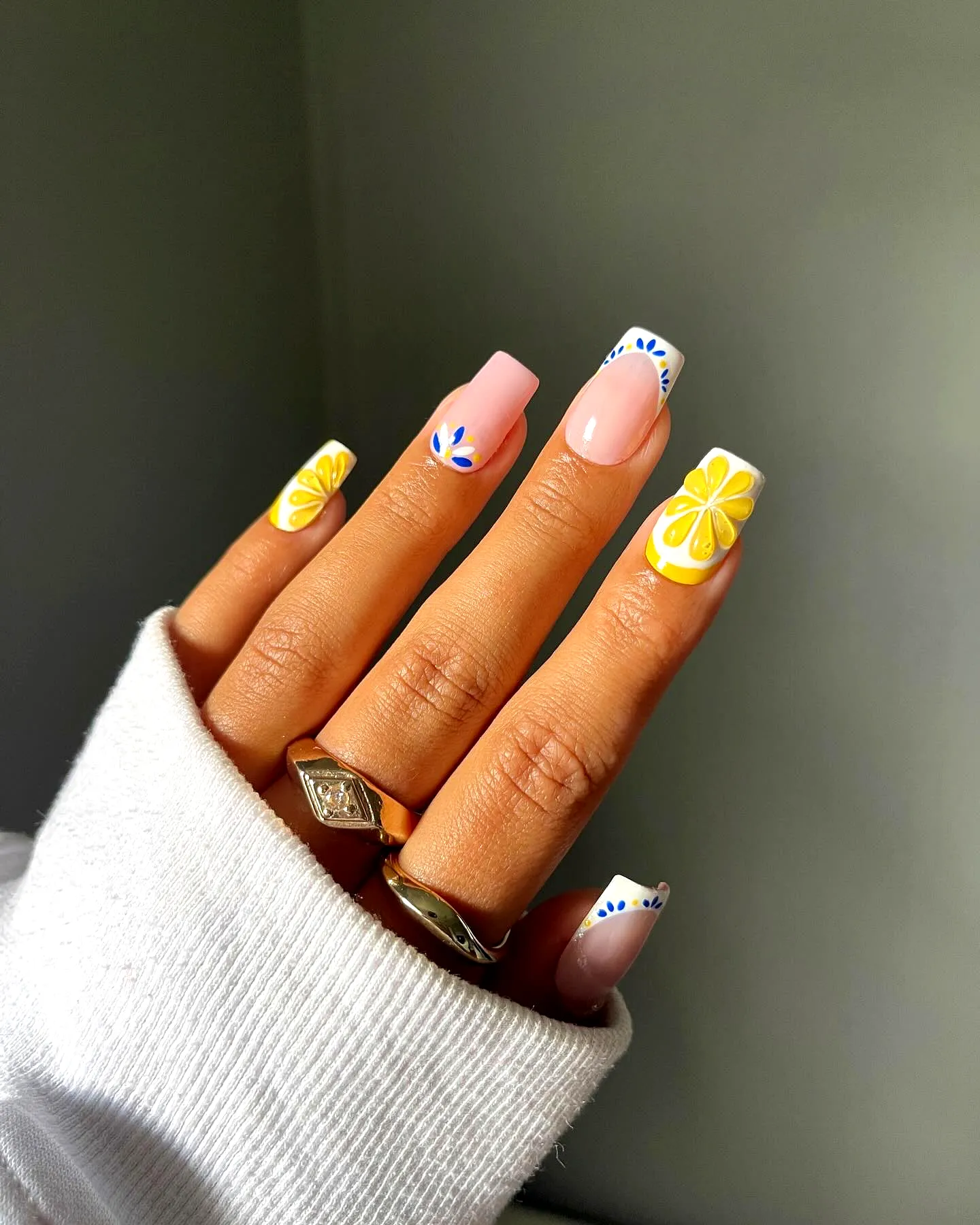 Cute Square Shaped Summer Nail Designs with White Base and Pastel Pink Floral Patterns