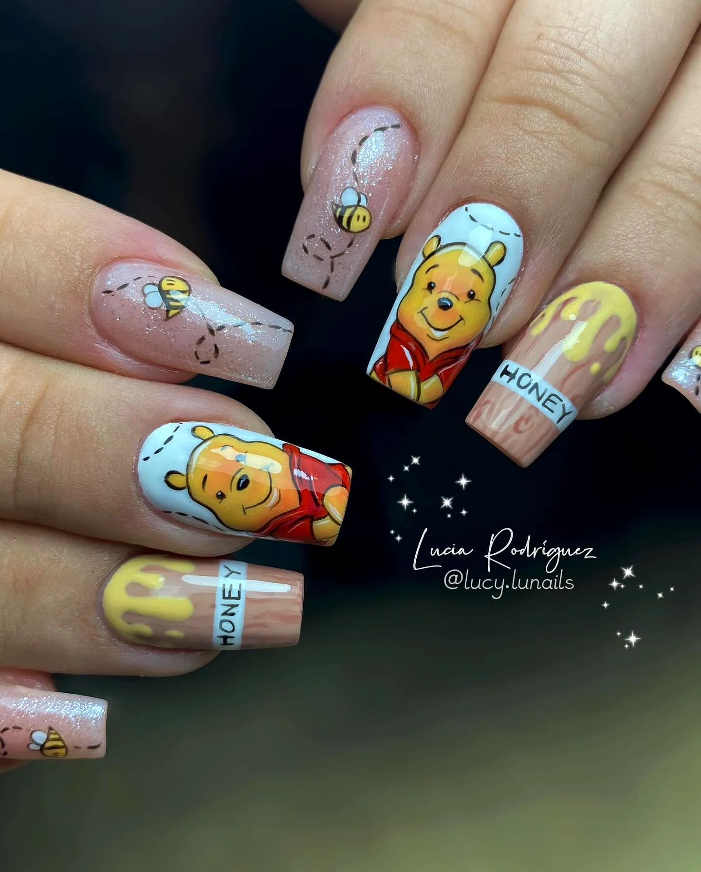 Cute Square Winnie the Pooh Nails with Honey Drips and Bees in Soft Yellow and Nude Palette