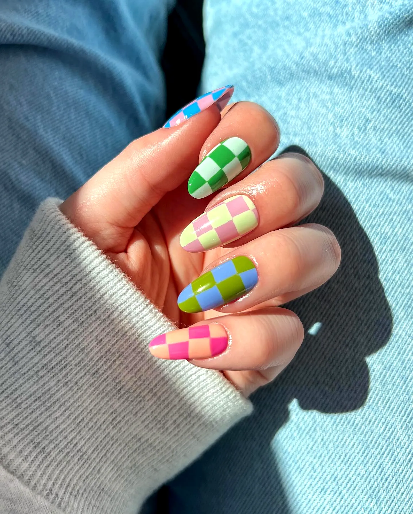 Cute Stiletto Summer Nail Designs with Checkerboard Pastel Colors and Geometric Whimsy