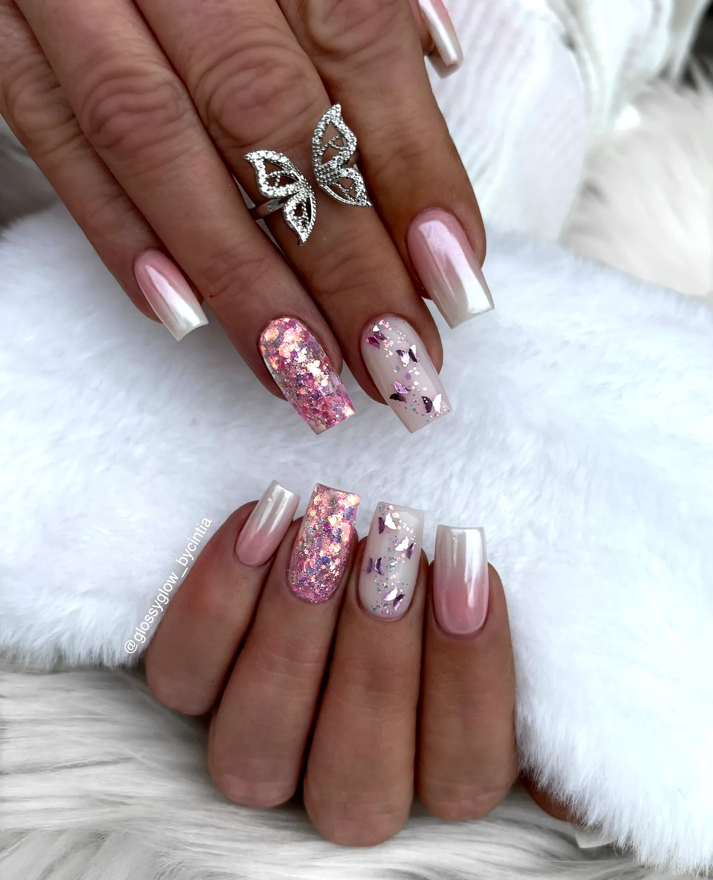 Delicate Coffin Ballerina Nails in Soft Pink with Shimmery Glitter and Floral Accents