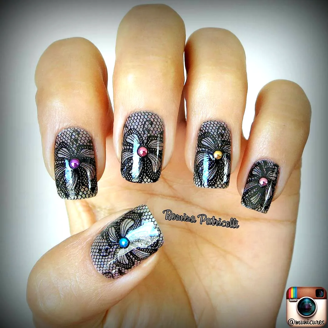 Elegant Coffin Lace Nails with Black and Silver Patterns and Colorful Gemstone Accents