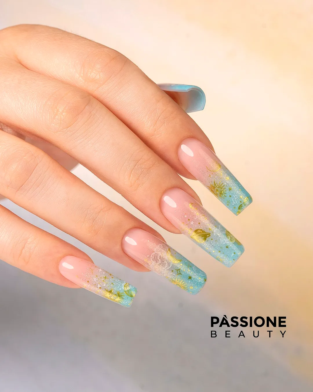 Elegant coffin nails with pink to blue gradient and floral butterfly art for summer coffin nails