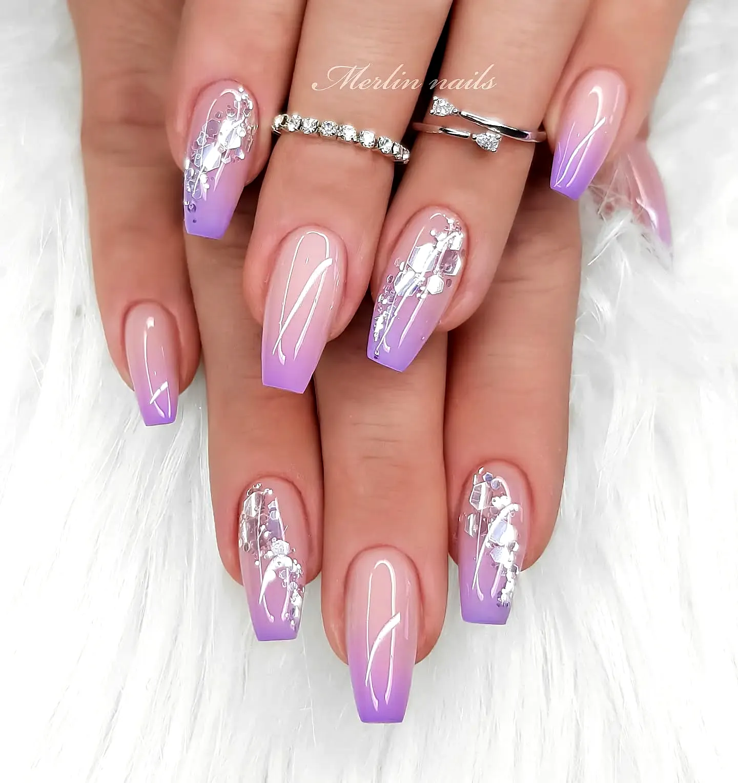 Elegant Lavender Gradient Summer Nail Designs with Silver Accents and Crystals in a Long Rectangular Shape