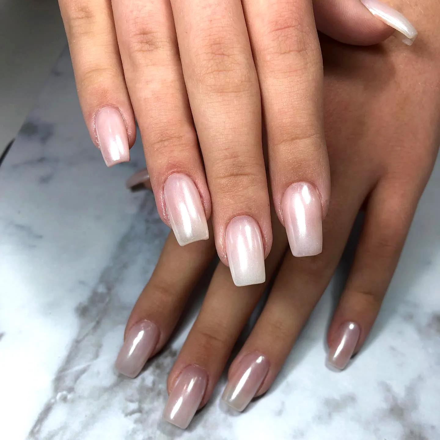 Elegant Square Aurora Nails with Natural Ombre from Soft Pink to White