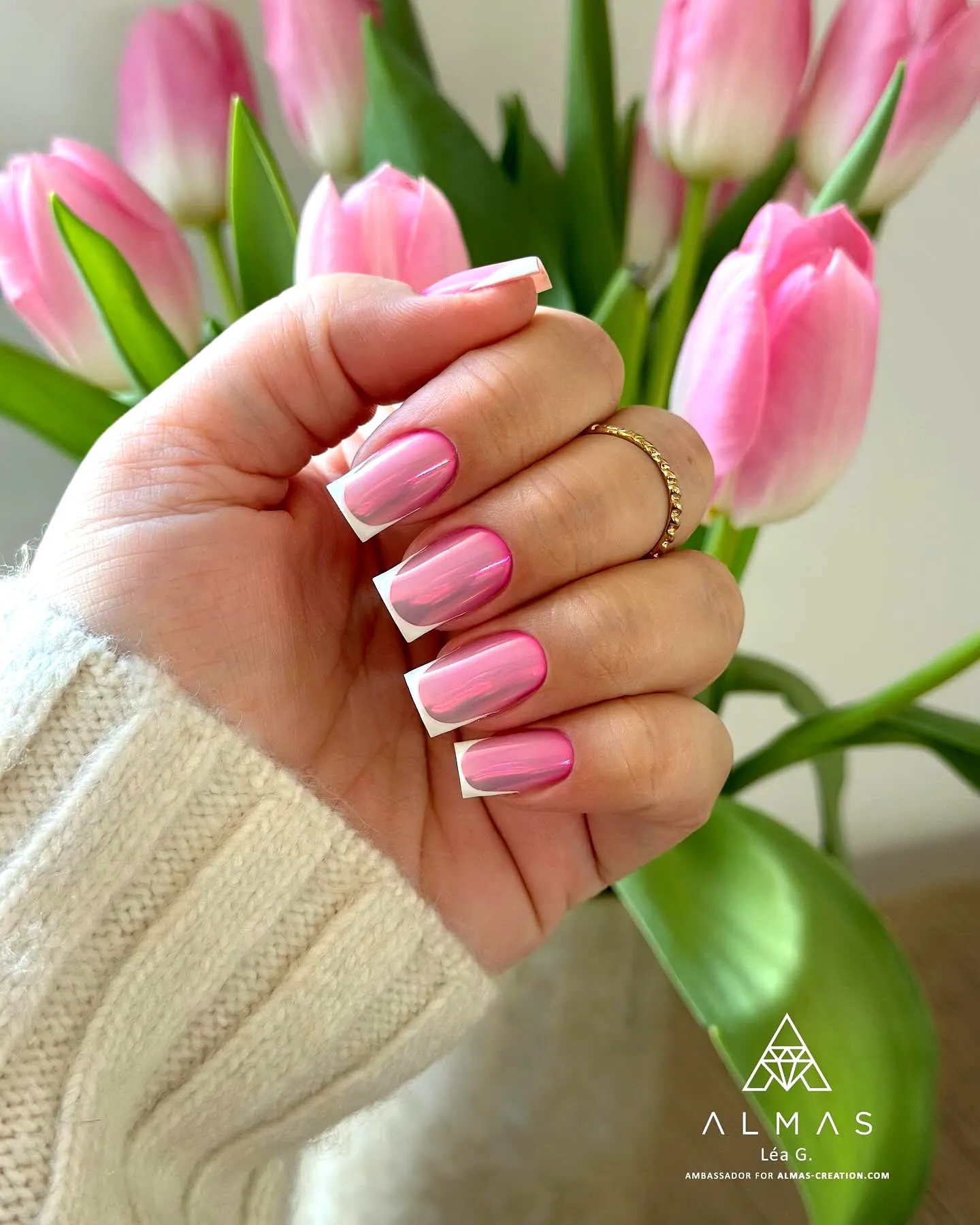 Elegant Tulip Nail Designs with Glossy Pink Base and Crisp White French Tips