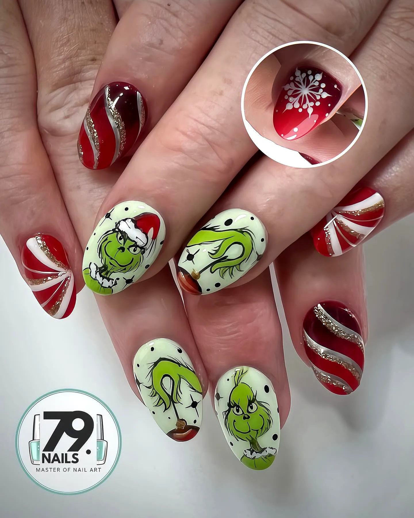 Festive Grinch Nails with Oval Shape Glossy Red and Matte White Snowflakes and Glittery Stripes