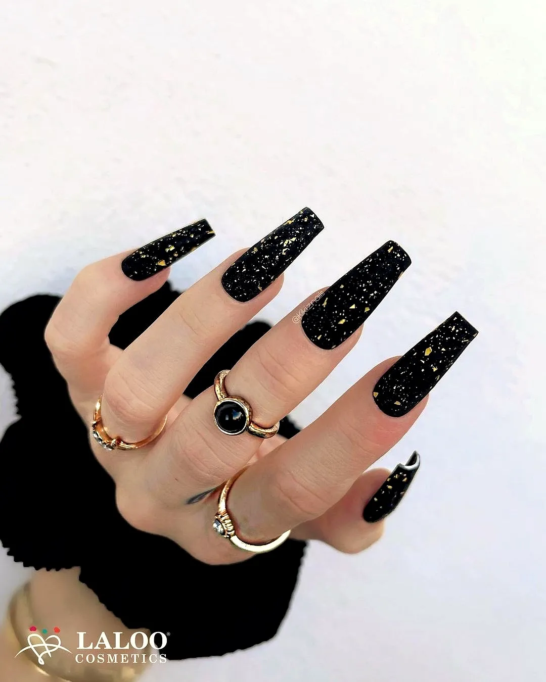 Glamorous Long Square Dark Wedding Nails with Gold Foil Glitter for a Bold Statement
