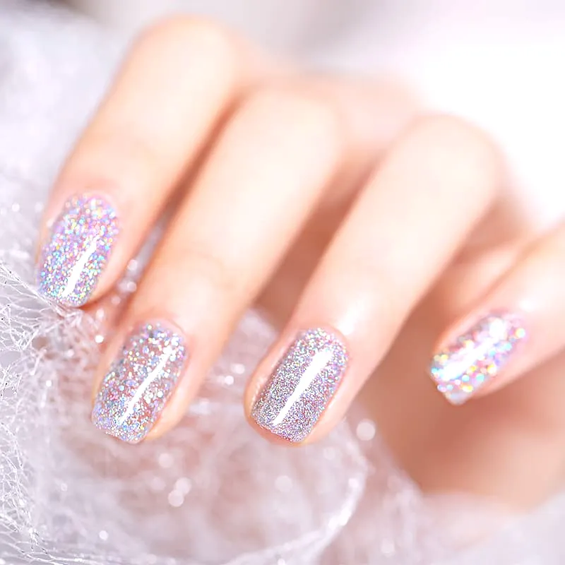 Glamorous Square Spring Classy Nails with Glittery Silver and Holographic Sparkles