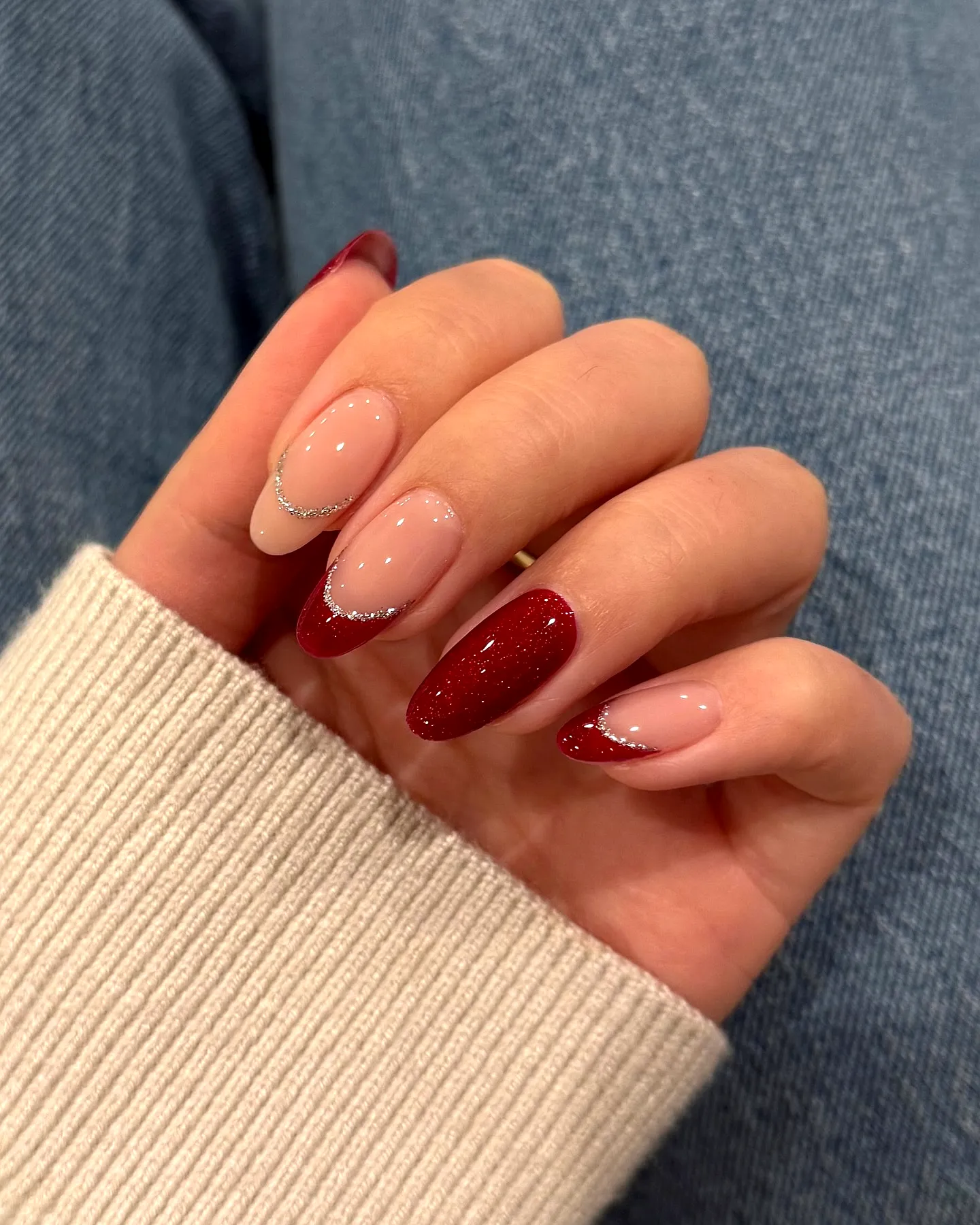 Glamorous Stiletto and Almond Red Nails with Glitter Tips and Elegant Nail Art