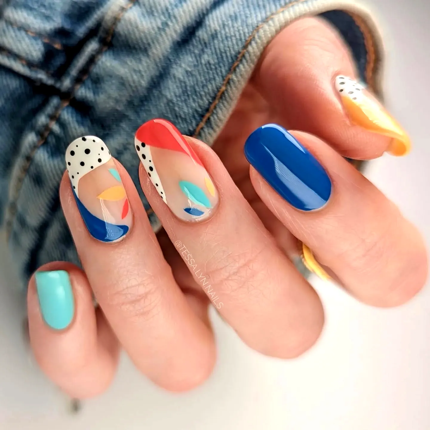 Playful Almond Summer Nail Designs with Bright Colors Geometric Shapes and Polka Dots
