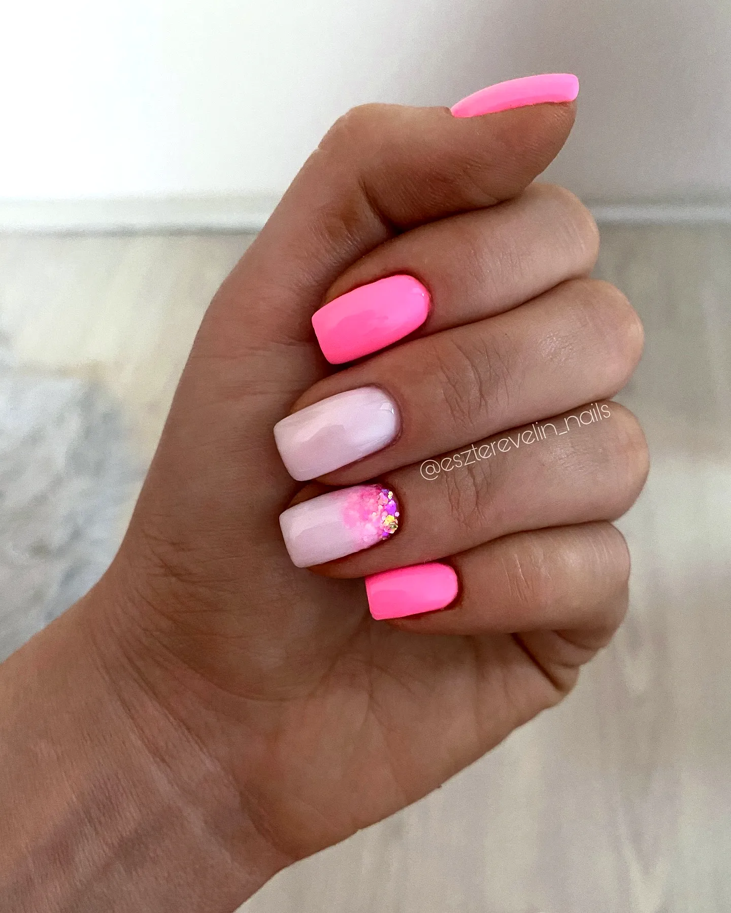 Playful Square Neon Nails with Glitter Ombre Accents