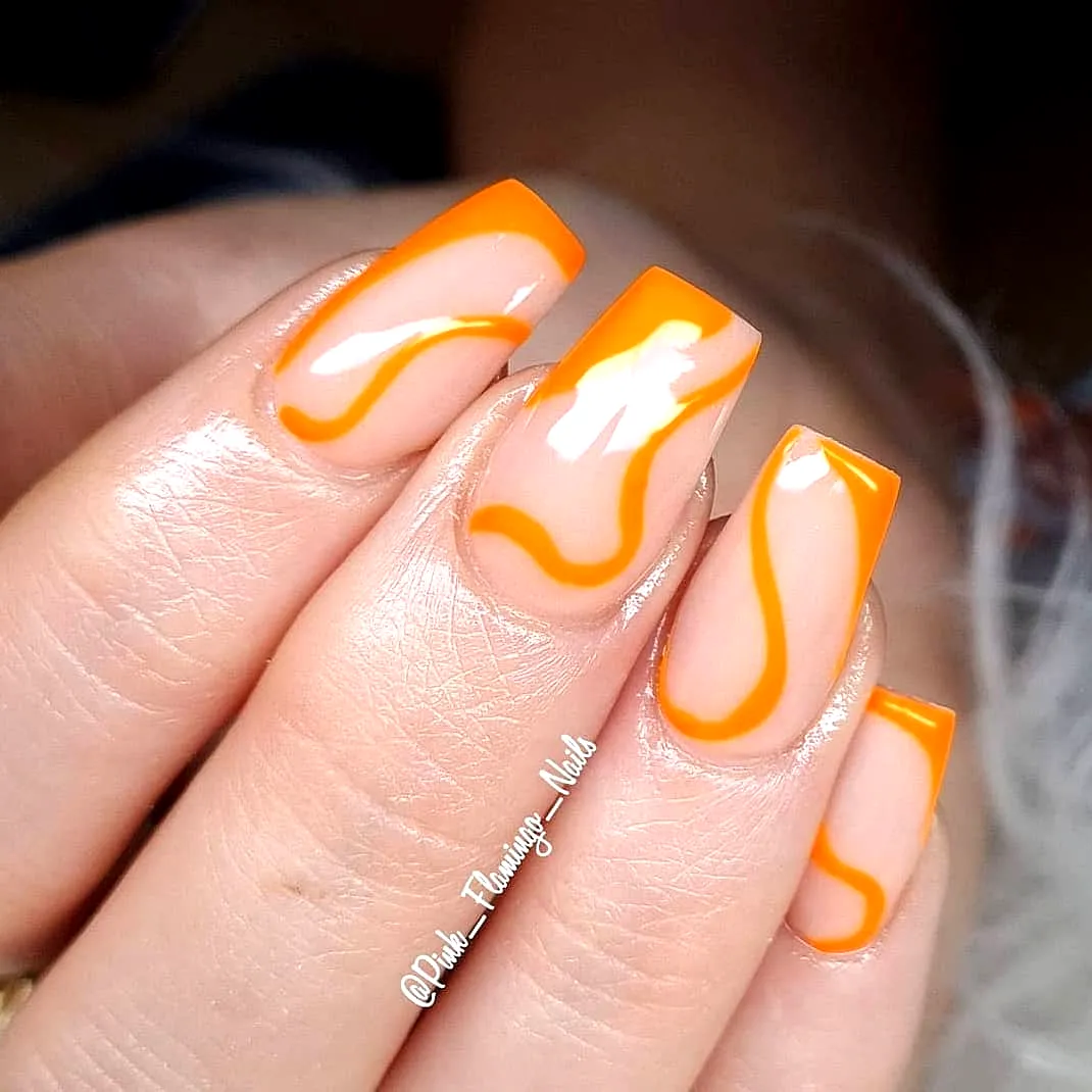Playful Square Swirl Nail Designs with Neon Orange Lines on a Nude Base