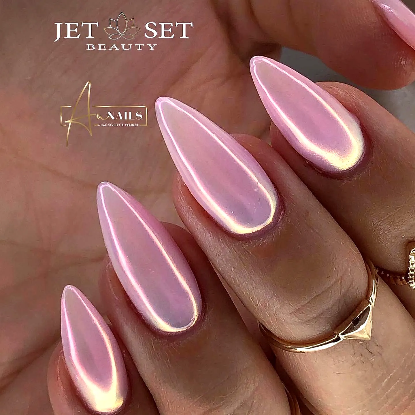 Stunning Almond Shaped Aurora Nails with Pearlescent Pink and Soft Orange Hues in a High Gloss Manicure