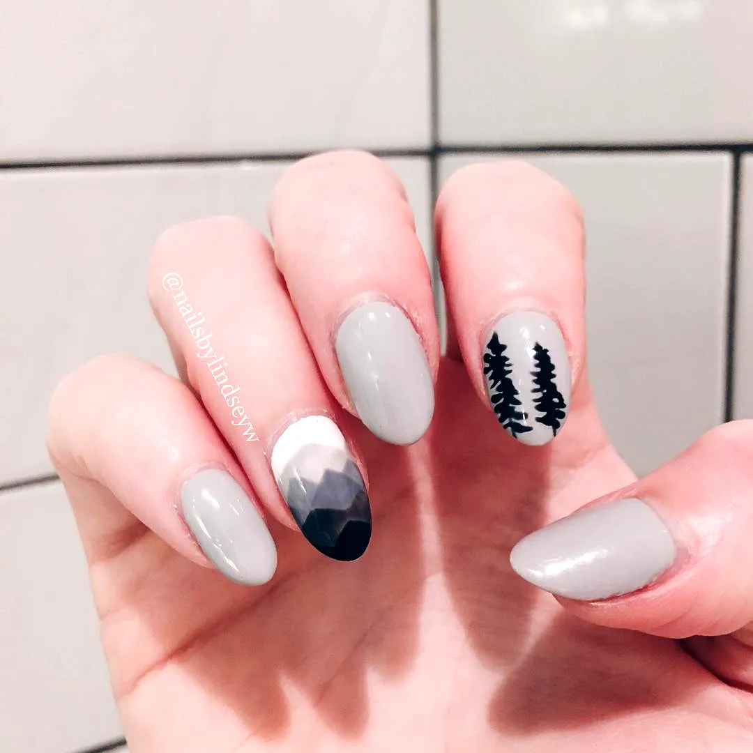 Stunning Almond Shaped Mountain Nails with Soft Gray Base and Nature-Inspired Art