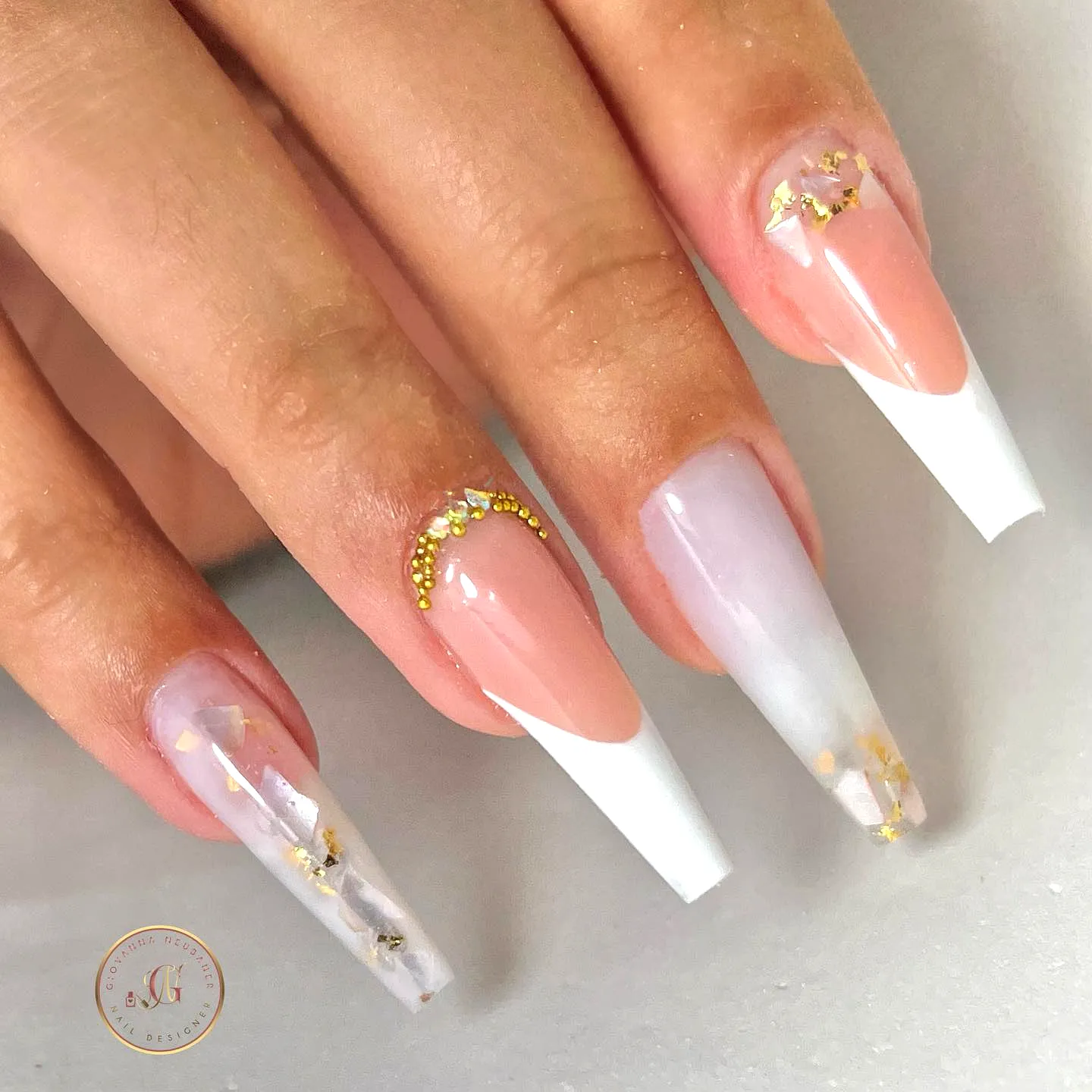 Stunning Coffin Ballerina Nails with Ombre and Marble Patterns in Soft Pastels and Gold Accents