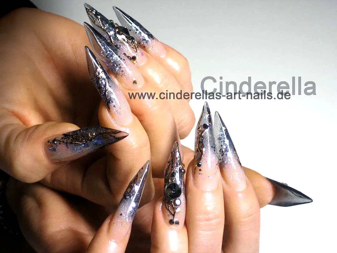 Stunning Gothic Almond Nails with Dark Glossy Tips and Intricate Metallic Embellishments