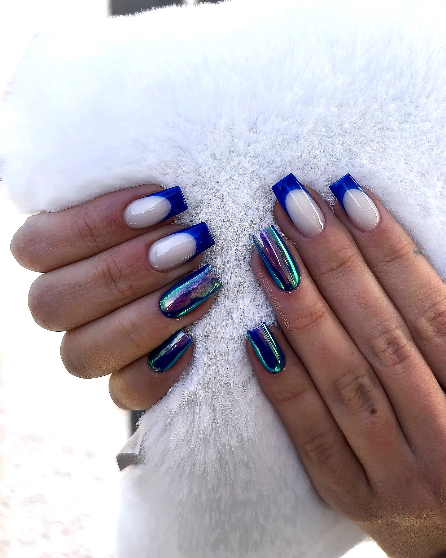 Stunning Square Aurora Nails with Blue Tips Glossy Nude Base and Holographic Finish