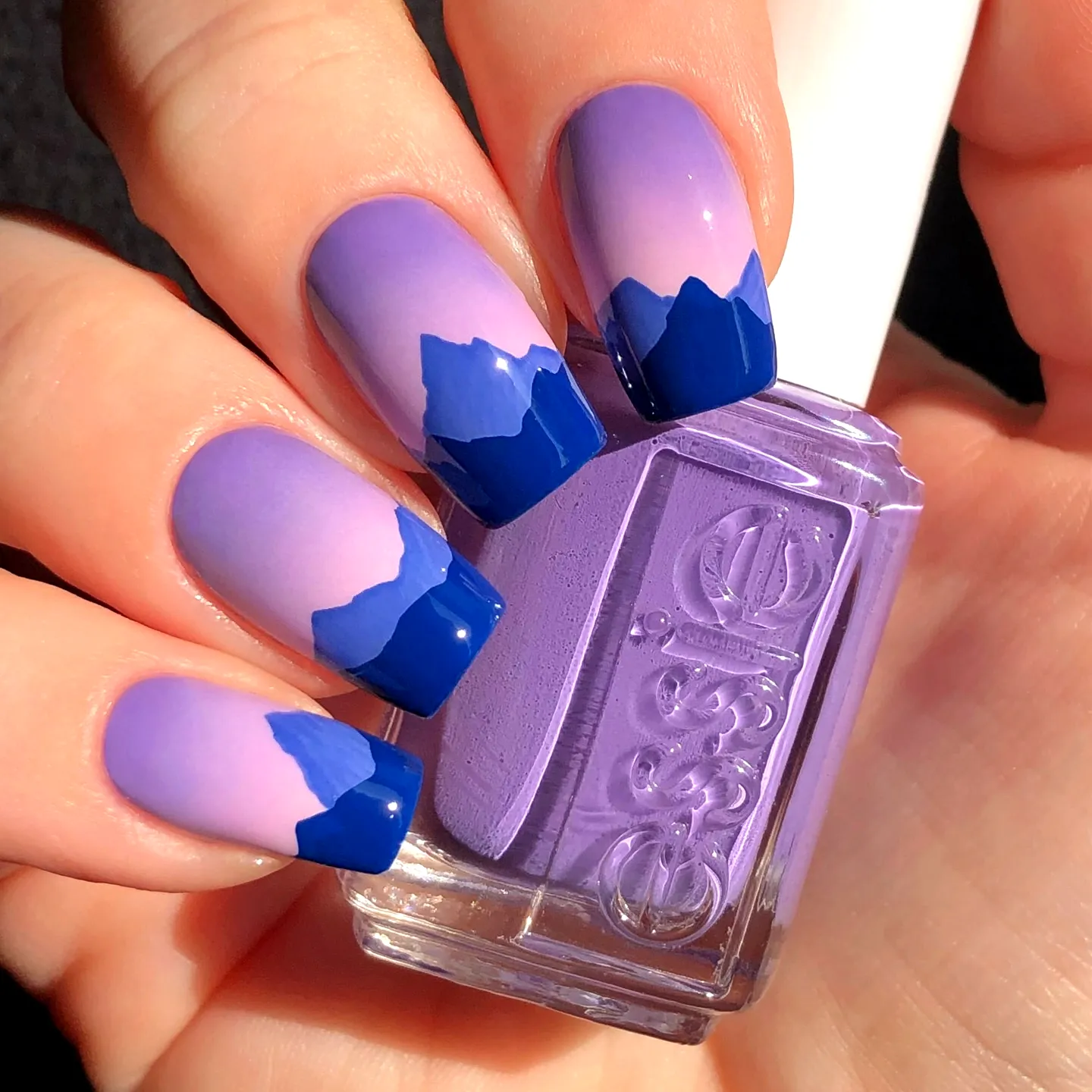 Stunning Square Mountain Nails in Gradient Lavender to Deep Purple with Dark Blue Accents