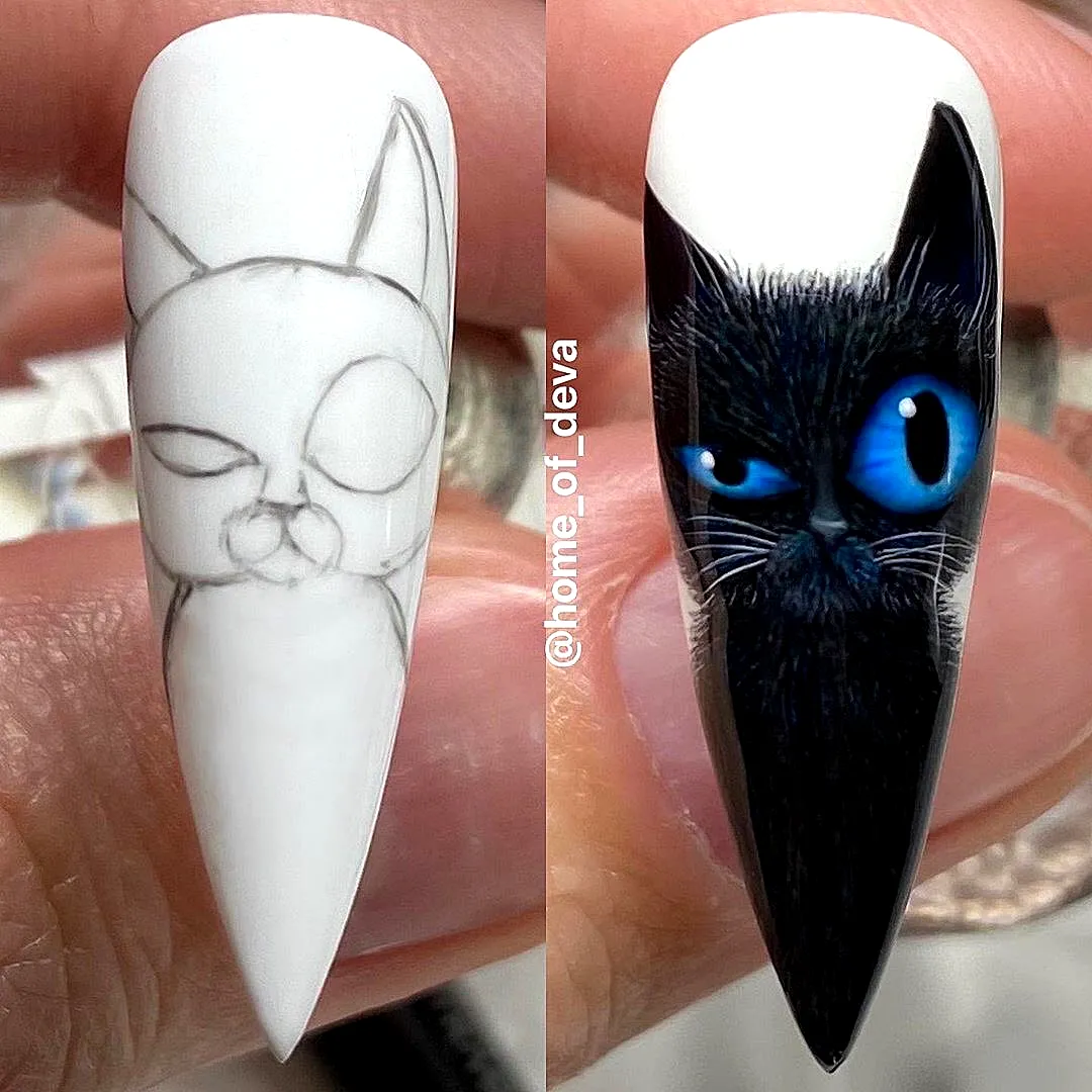Stunning Stiletto Black Cat Nails with Realistic Art and Minimalist Outline