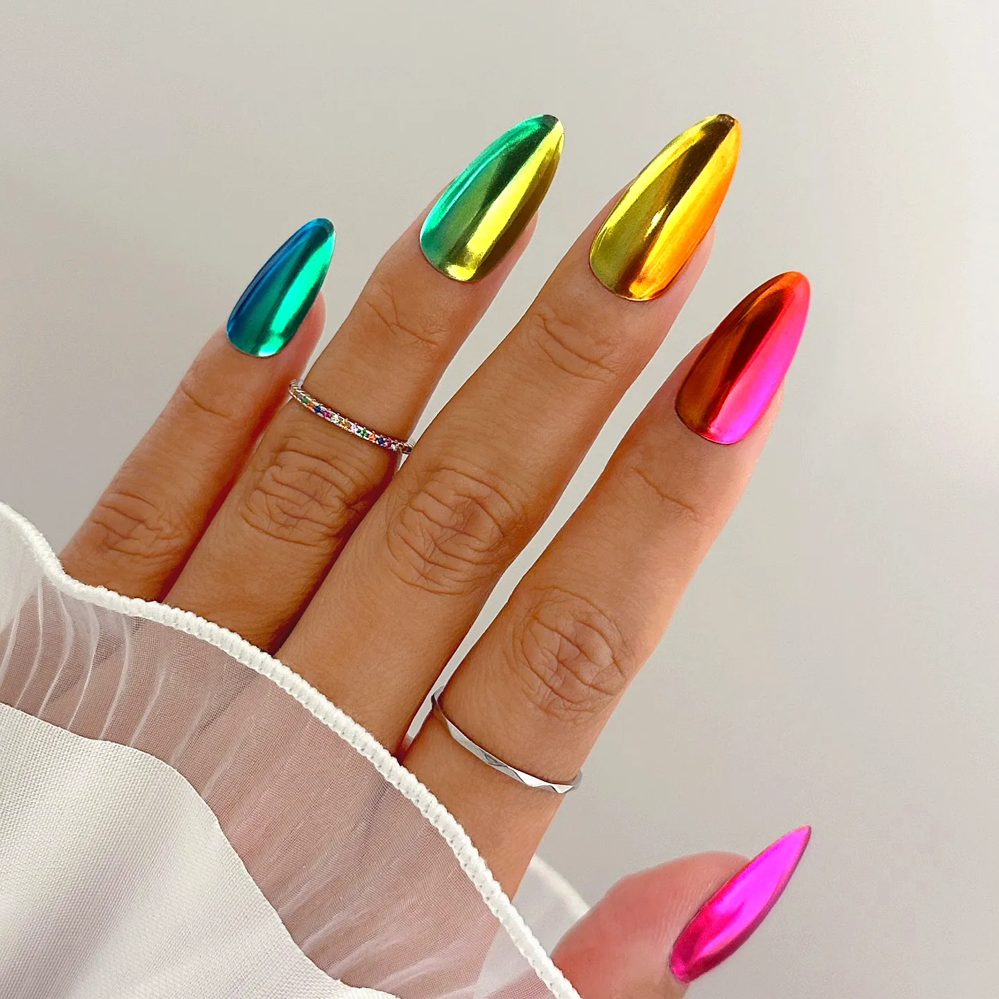 Stunning Stiletto Neon Nails with Vibrant Chrome Gradient in Green Gold Orange and Purple