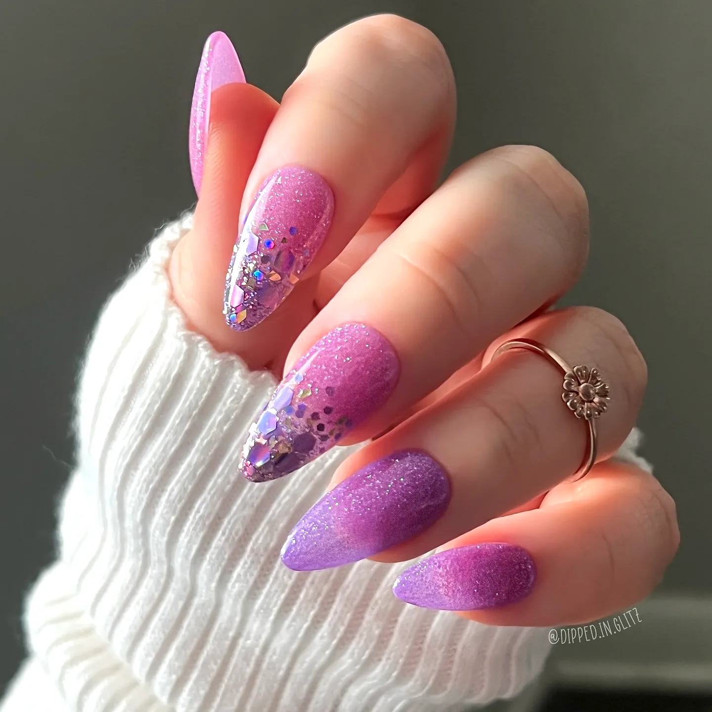 Stunning Stiletto Purple Spring Nails with Glitter and Sequin Accents