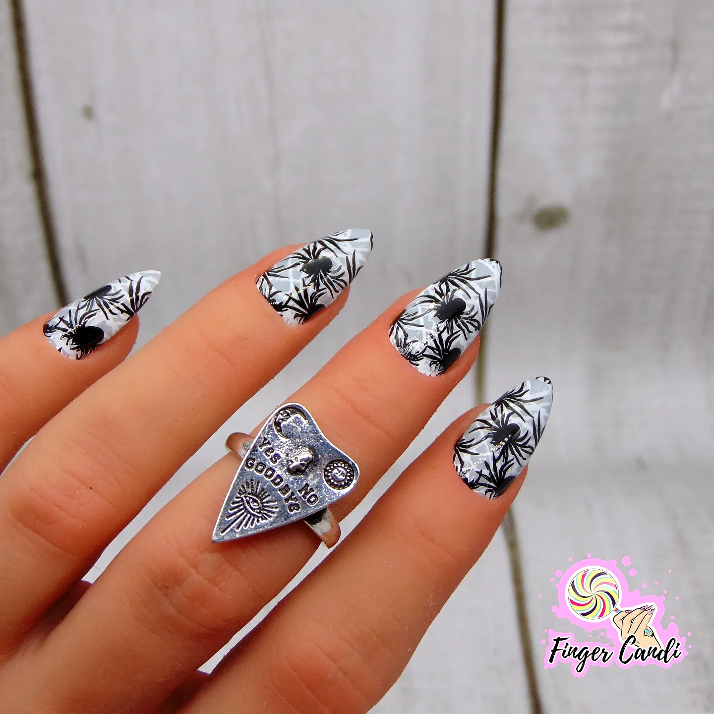 Stunning Stiletto Spider Nail Designs with Tropical White and Black Patterns