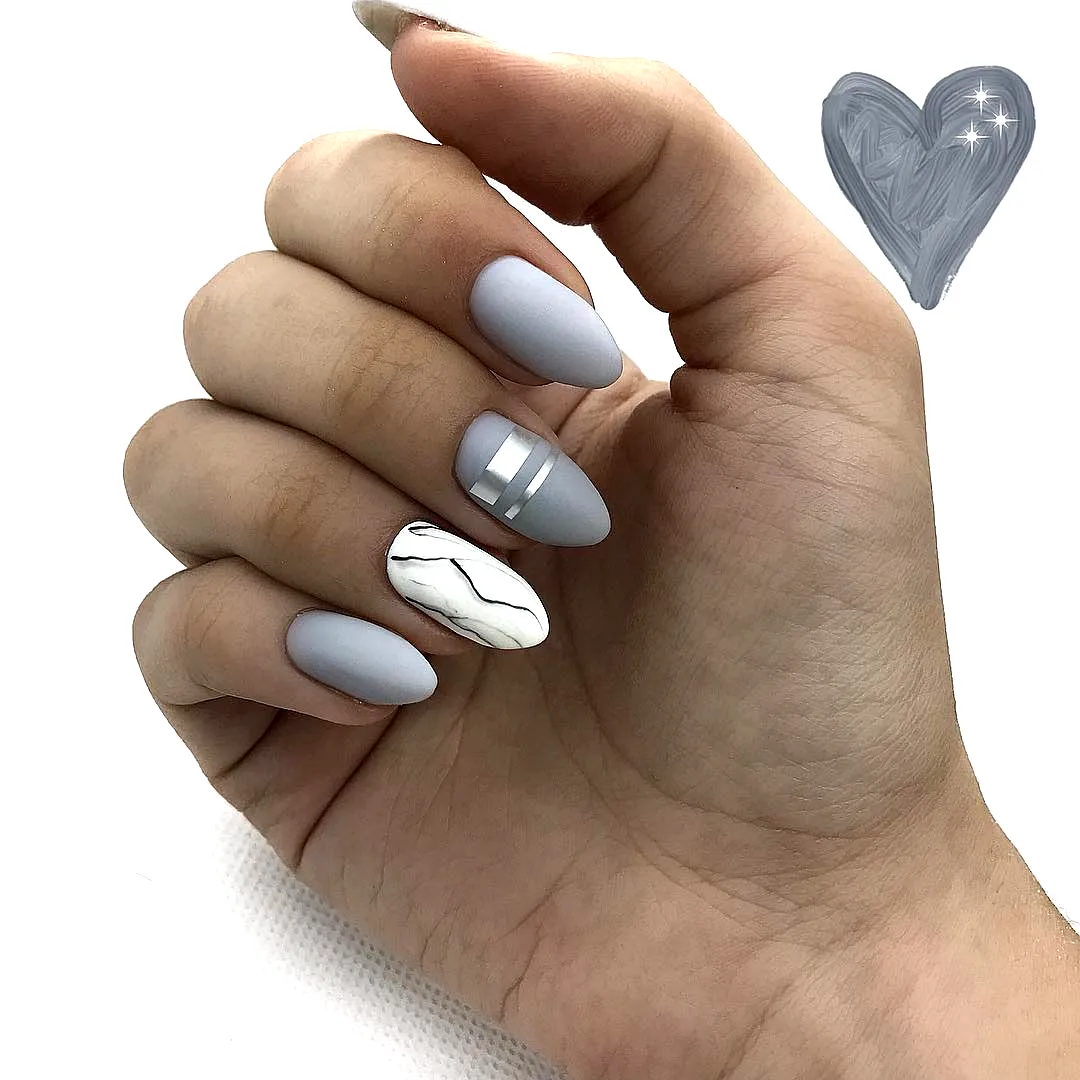 Stylish Almond Shaped Gray Nails with Elegant Marble Accent and Metallic Details