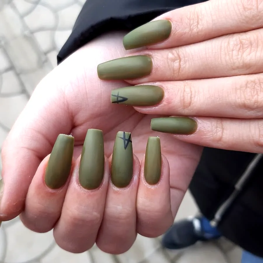 Stylish Long Square Olive Green Nails with Minimalist Black Geometric Designs