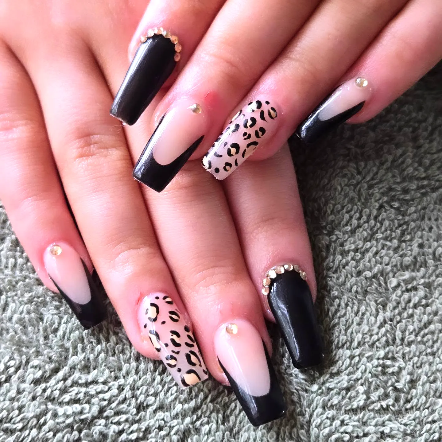 Stylish Square Black Birthday Nails with Leopard Print and Metallic Accents