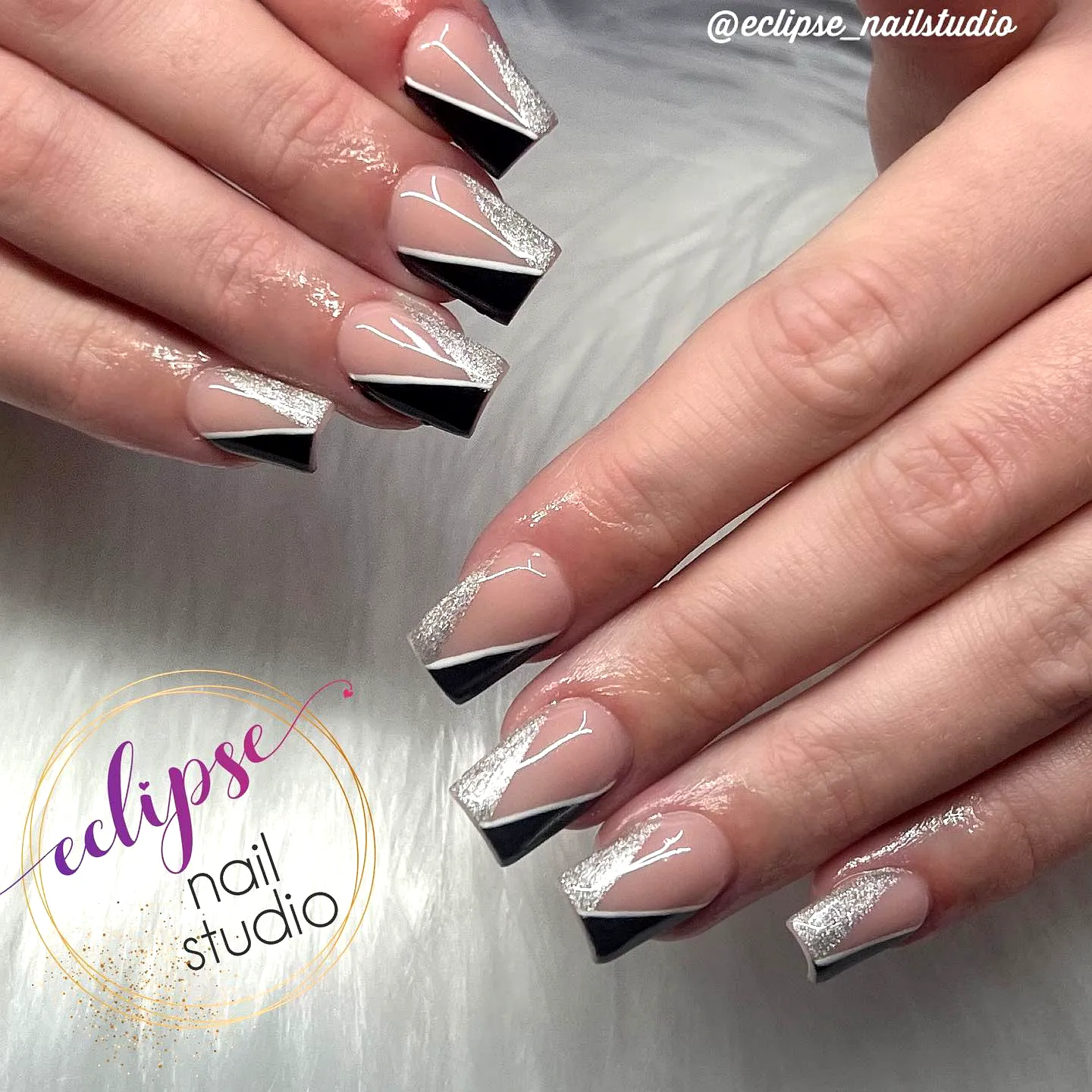Stylish Square Chevron Nail Designs with Chic French Tips in Nude Black and Glittery Silver