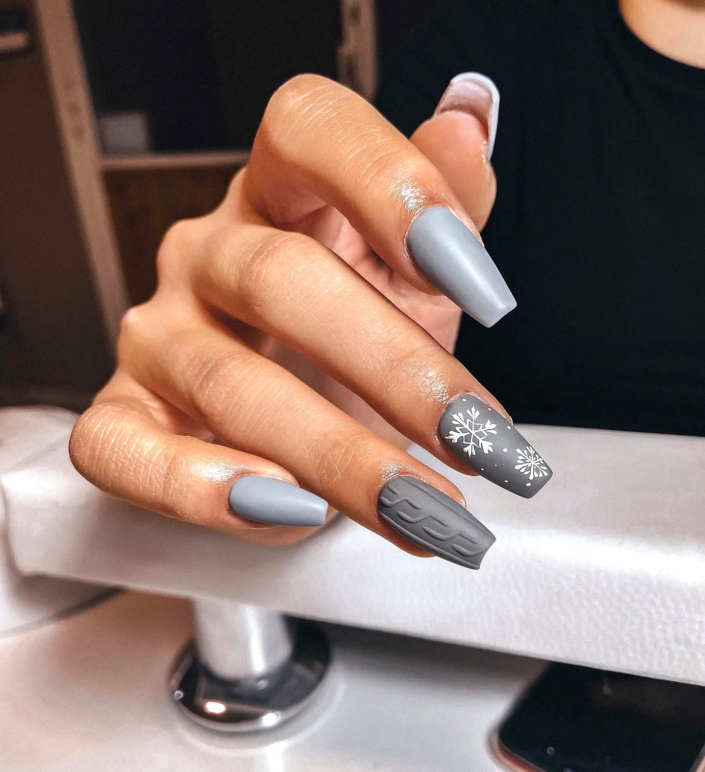 Stylish Square Gray Nails with Snowflake Patterns and Textured Wave Design
