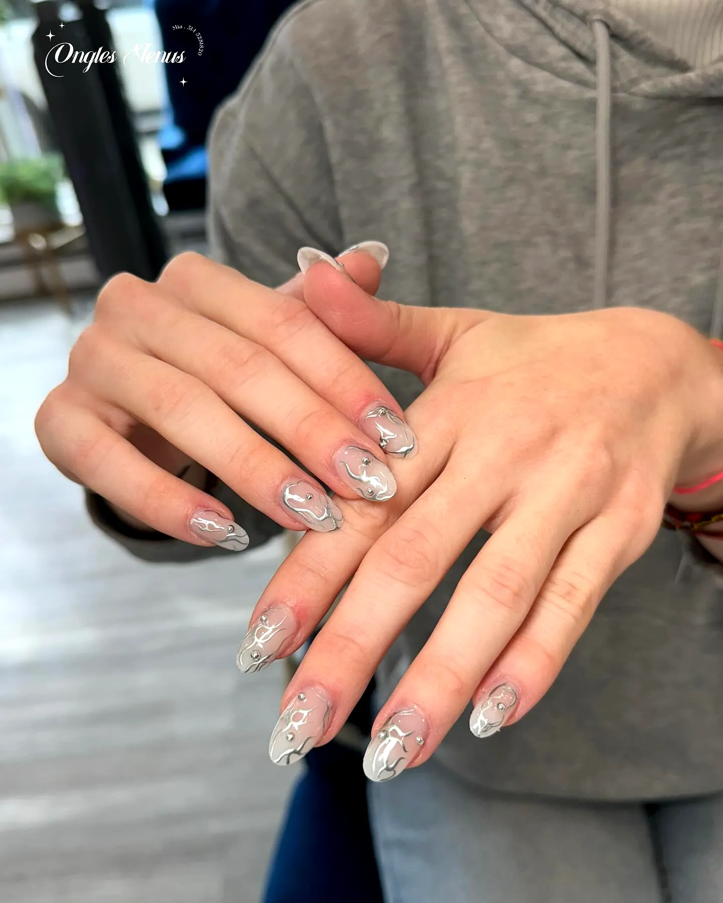 Stylish Stiletto Silver Nail Designs with Gradient Gray and Abstract Fluid Art Elements
