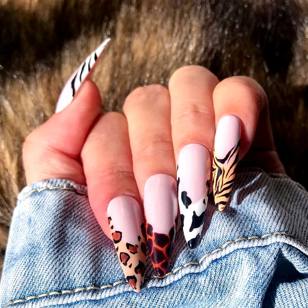 Trendy Stiletto Animal Print Nails in Soft Lavender with Wild Animal Patterns