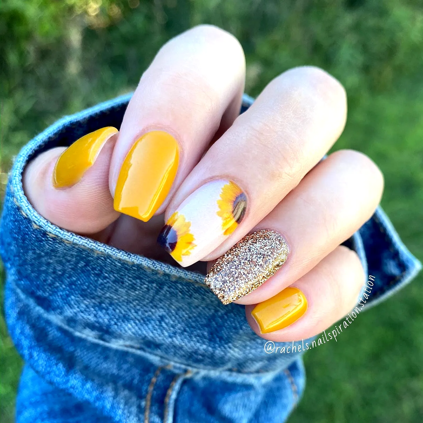Vibrant Cute Sunflower Nail Designs with Oval and Square Shapes and Glittery Gold Accents
