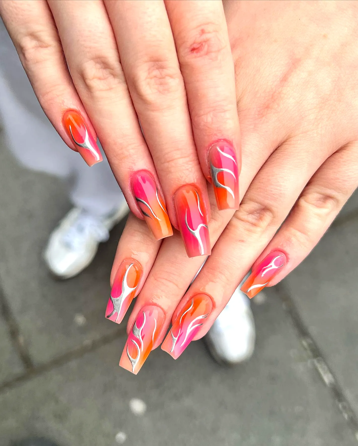 Vibrant Flame Tropical Nail Designs for Long Square-Shaped Manicure
