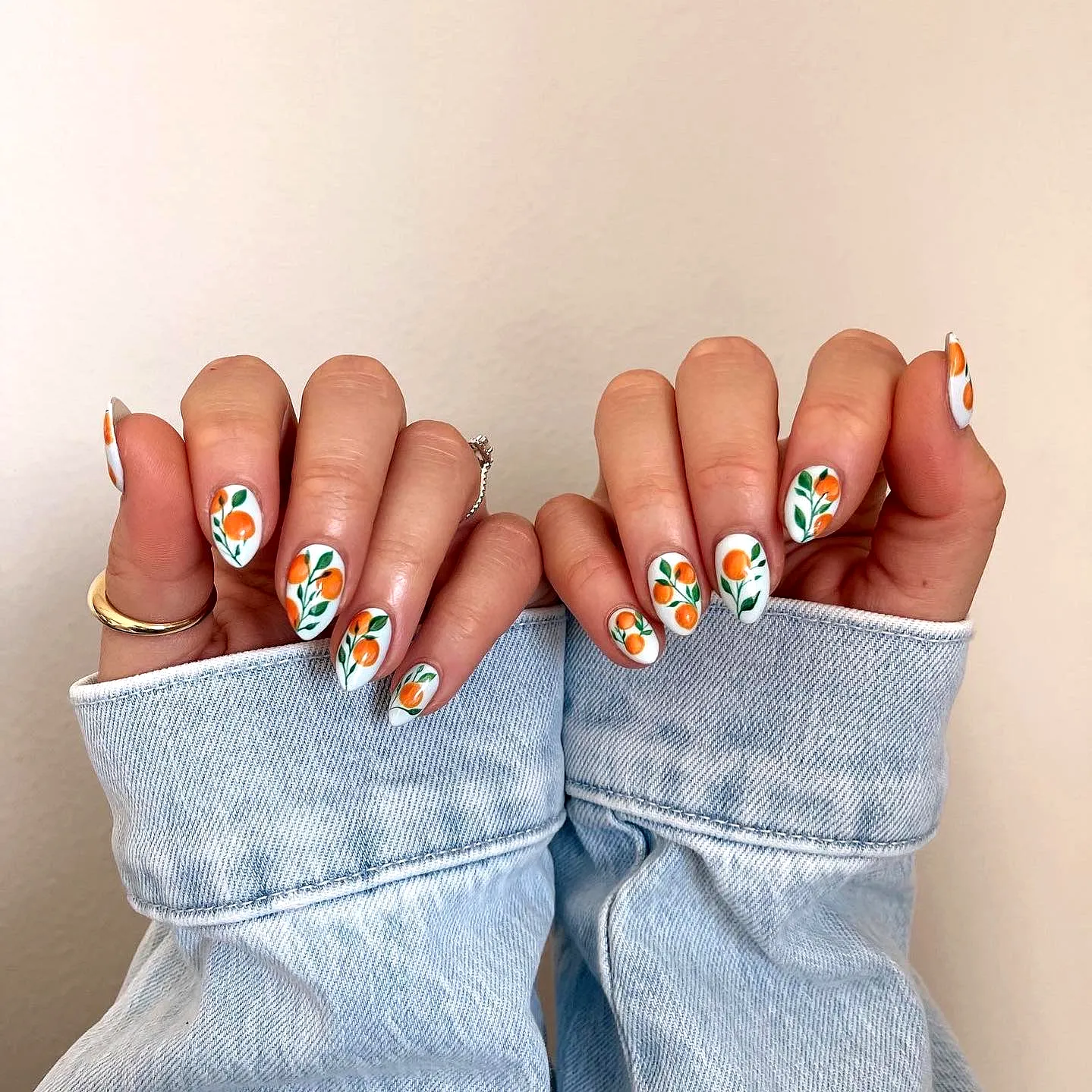 Vibrant Floral Fruit Nail Designs on Pointed White Nails with Hand-Painted Botanical Style