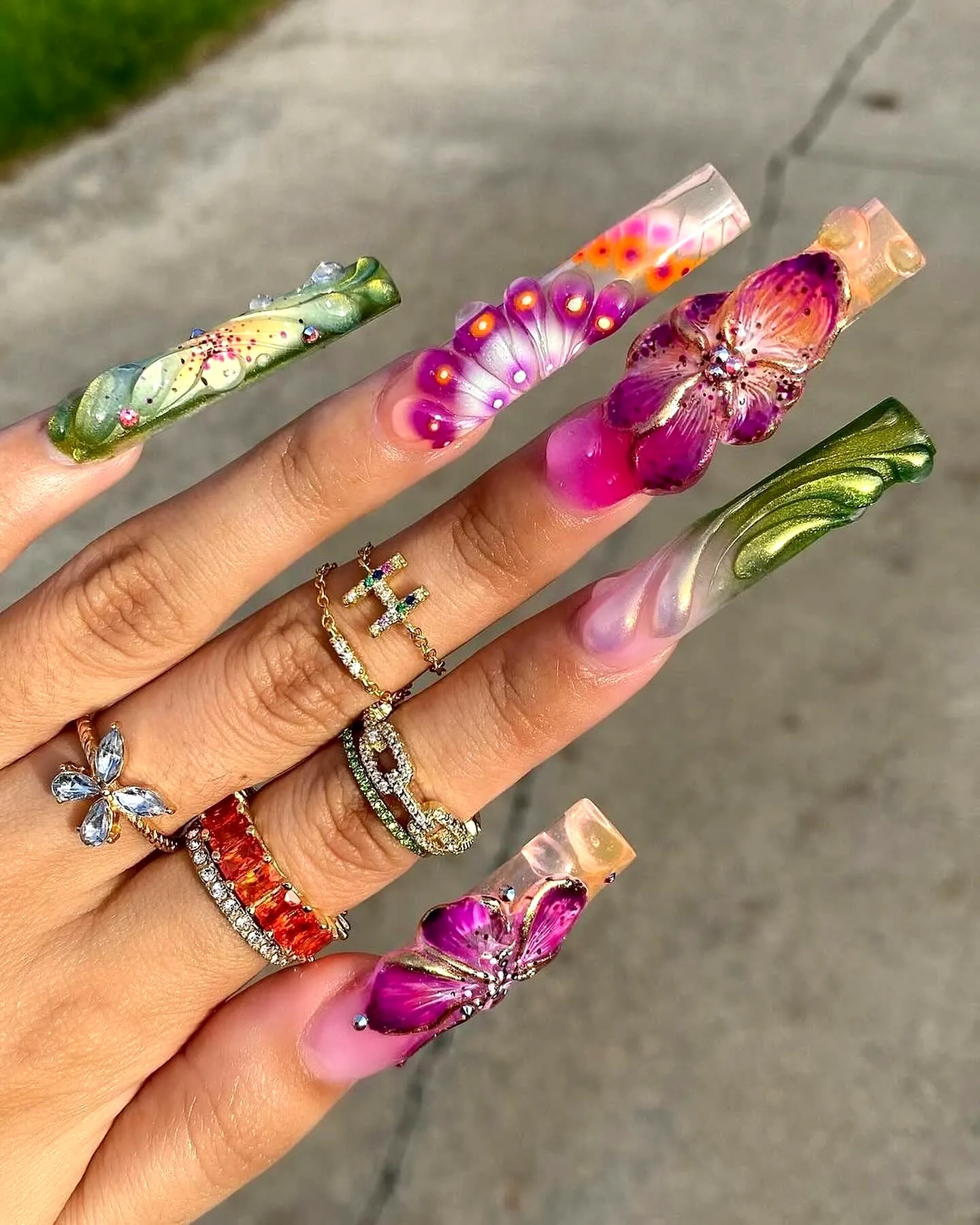 Vibrant Long Coffin Tropical Nail Designs with Floral Patterns and Shiny Embellishments