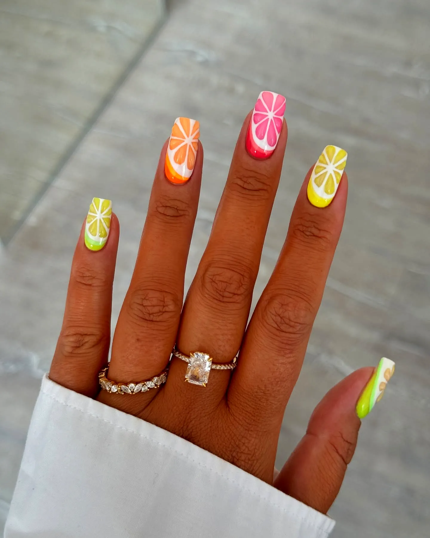 Vibrant Playful Long Square Orange Nails with Fun Citrus Fruit Art