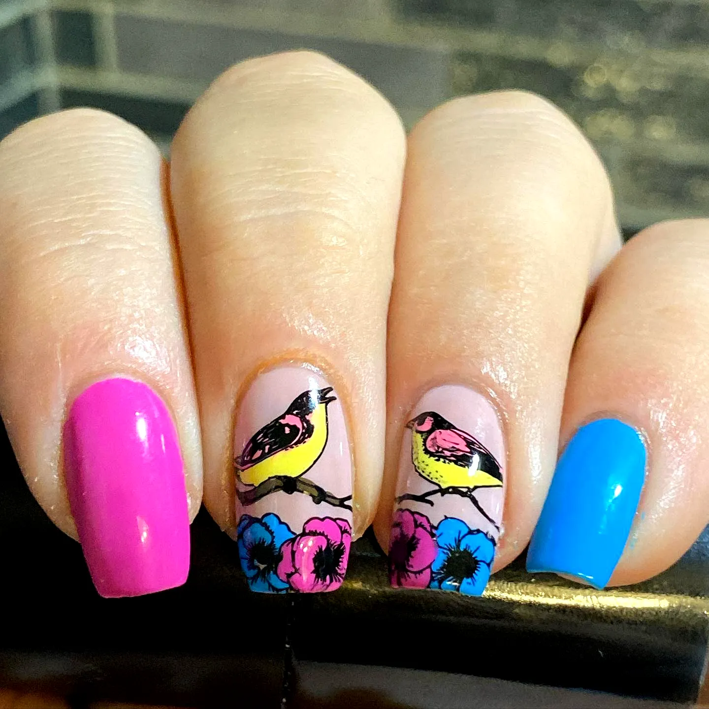 Vibrant Square Bird Nail Designs with Colorful Flowers and Playful Artistry