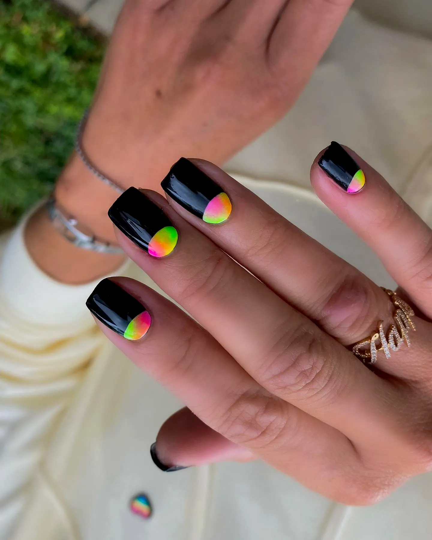 Vibrant Square Half-moon Nails with Glossy Black Base and Colorful Gradient Accents