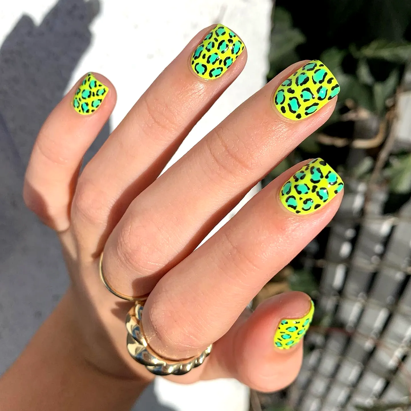 Vibrant Square Neon Nails with Playful Leopard Print in Lime Green Blue and Black