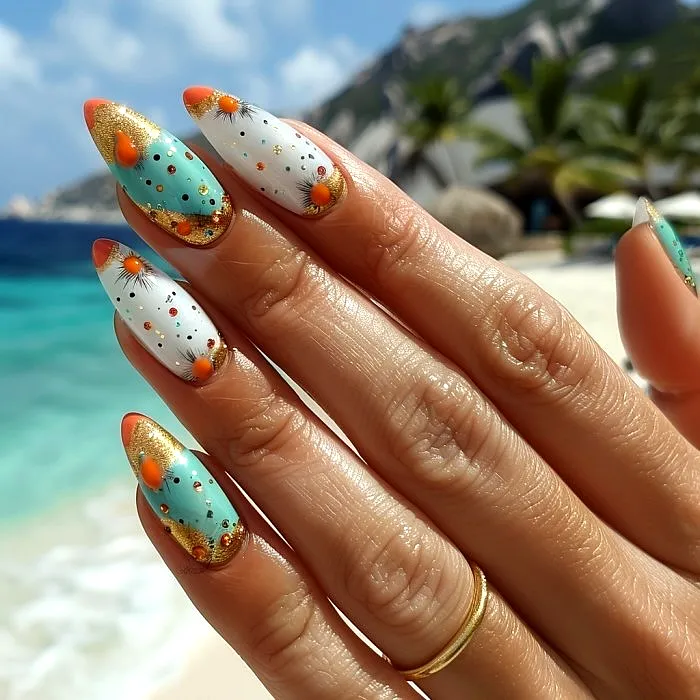Vibrant Stiletto Beach Nails with Sun Patterns and Glossy Finish