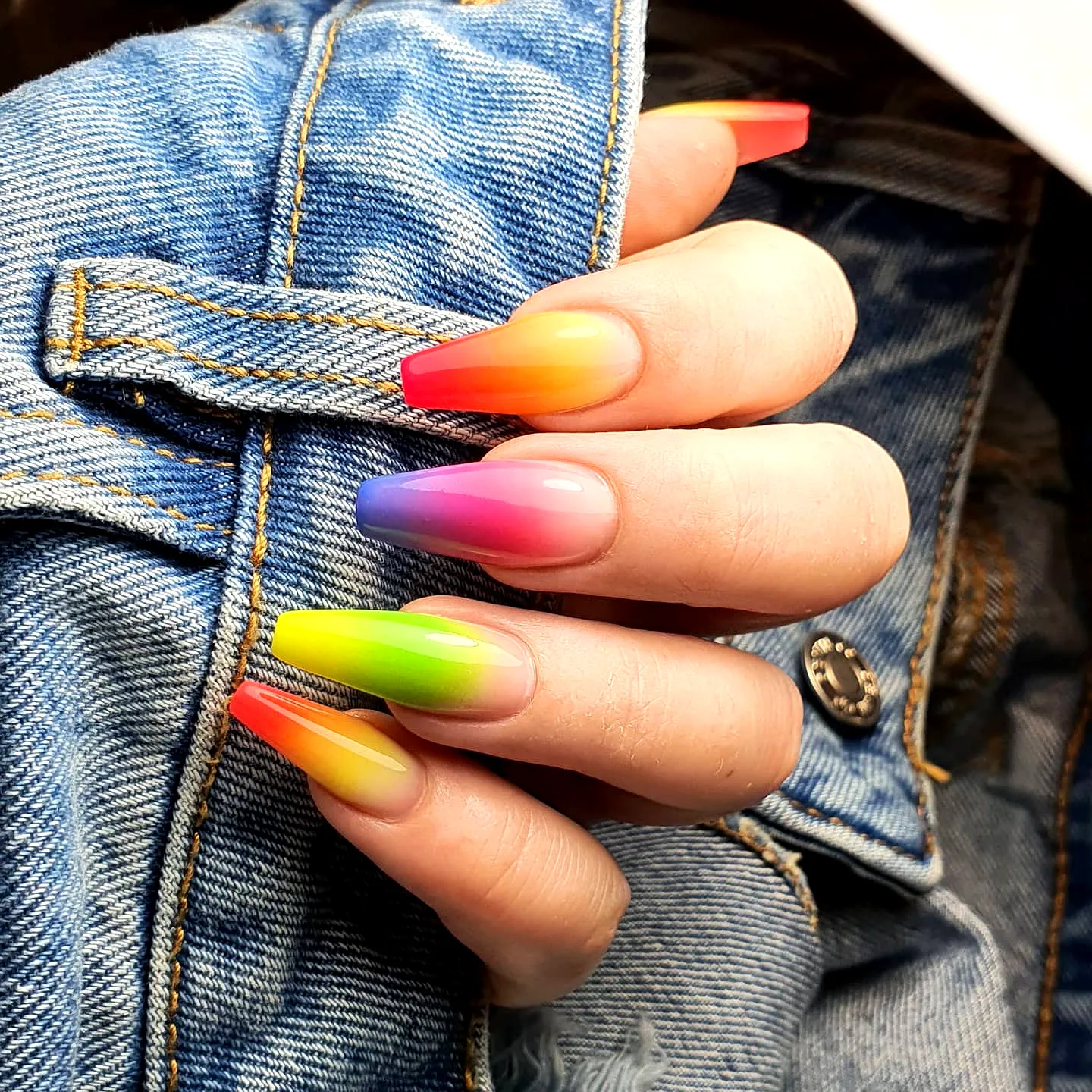 Vibrant Summer Coffin Nails with Gradient Ombre from Red to Green